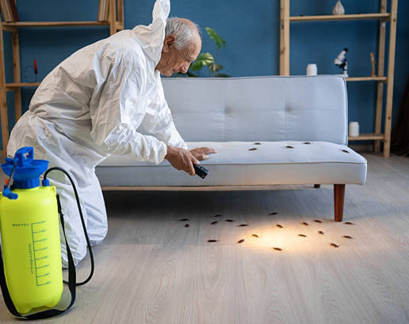 Exterminator placing bait traps for ants and rodents